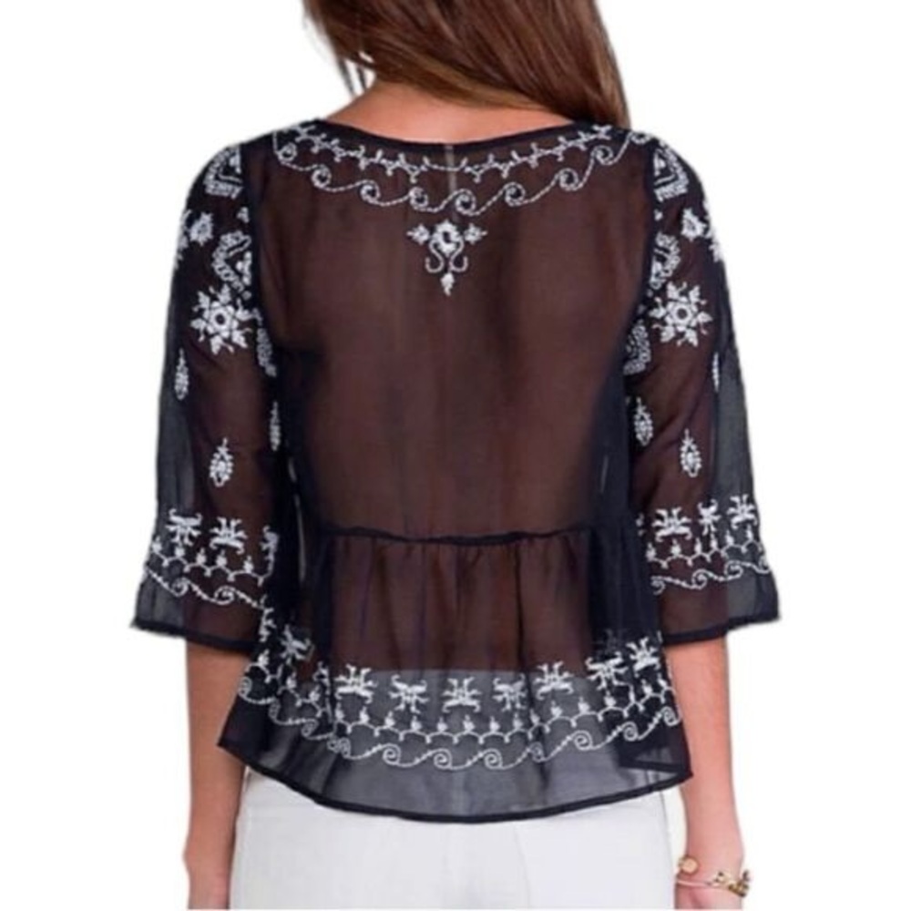 Free People Black Sheer Chiffon Blouse with White Embroidery - Picture 6 of 12